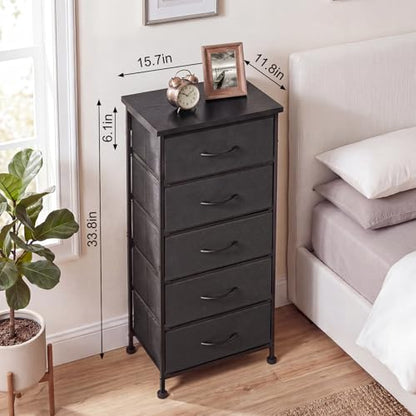 Fixwal Tall Skinny Dresser with 5 Fabric Drawers, Slim Dresser,Black | 33.8in height, 15.7in width, wooden top, breathable non-woven fabric, anti-tipping fittings, stable steel frame