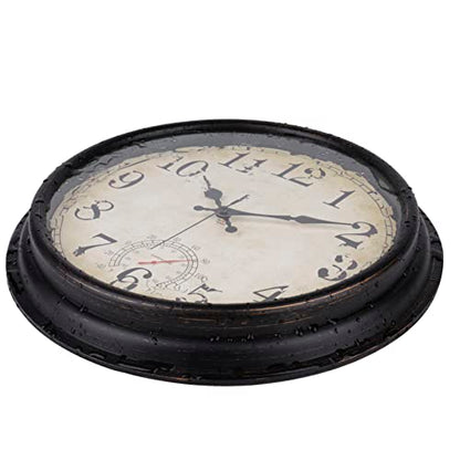 Wall Clock Vintage Style Inodor Outdoor Clock 16 Inch Large Wall Clocks Waterproof with Thermometer for Living Room Patio Pool Garden (Bronze)