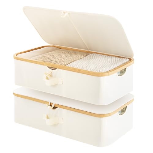 Underbed Storage Containers with Lids, 2-Pack 7" L... (2 Count | Beige | Bamboo, Fabric)