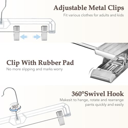 HOUSE DAY Clear Pants Hangers with Clips 10 Pack, 14'' Skirt Hangers | No-Mark Clip Hangers with Stronger Grip, Adjustable Clips for Jeans, Pants, Skirts and Shorts, Bulk Closet Hangers