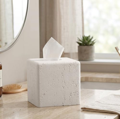 Tissue Box Cover Square, Modern Facial Tissue Holder,Cream | Luxurious Travertine Stone Look, Decorative Toilet Paper Dispenser, For Home Decor Bedroom Living Room Office Hotel Cafe Bar