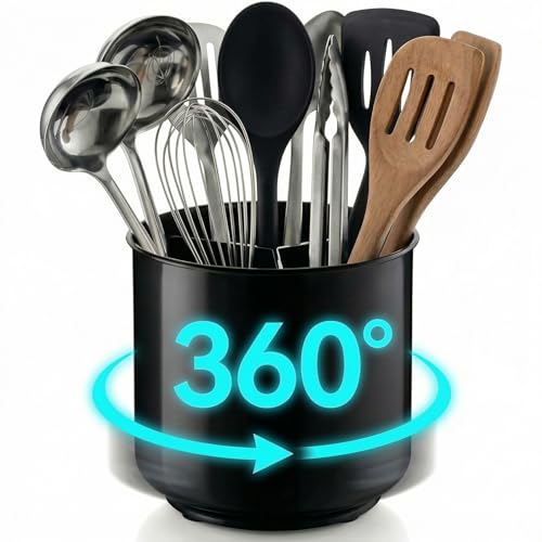 Cooler Kitchen Jumbo Extra Large Sturdy Rotating Black Utensil Holder Caddy with No-Tip Weighted Base, and Gripped Insert - Rust Proof and Dishwasher Safe Kitchen Utensils Holder