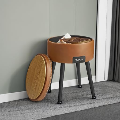 VASAGLE EKHO Collection - Storage Ottoman, Vanity Chair Stool, Synthetic Leather with Stitching, Mid-Century Modern, Round Storage Seat with Steel Legs, Loads 330 lb, Caramel Brown ULOM005KN08