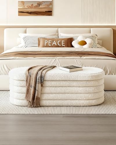 Storage Ottoman Bench, 43" Entryway Shoe Seat, Sherpa White | Upholstered Oval Ottoman with Storage, End of Bed Stool Blanket Chest, For Living Room, Hallway