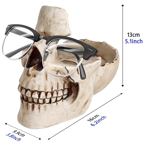 READAEER Skull Glasses Stand Holder, Creative Eyeglasses Holder, Sunglasses Spectacle Display Rack, Key Holder Resin Sculptures for Entryway, Home, Office, Desk, Nightstand (White)