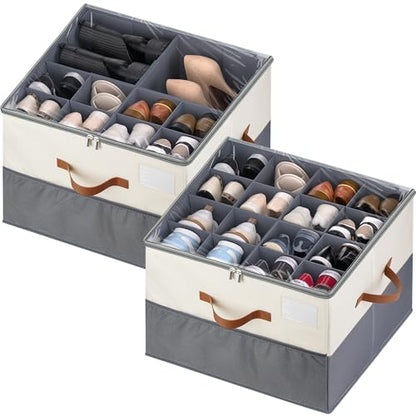 Shoe Organizer for Closet, 2 Pack Shoe Storage Containers with Adjustable Dividers, Space Saving Shoe Box Organizers Bins with Clear Lids & 4 Handles, Fits 16-32 Pairs, Beige & Grey