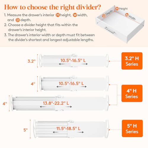 Lifewit 3.2" High Drawer Dividers for Clothes, Adjustable Drawer Organizers | 10.5"-16.5" Expandable Plastic Separator for Dresser, Kitchen, Cabinet, Closet, Nursery, Socks & Underwear Storage, 4 Pack