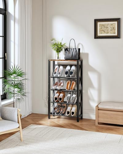 Shoe Rack, 5-Tier Slanted Shoe Rack, Narrow Shoe Storage Shelf, Slim Shoe Organizer for Entryway, Space-Saving, Wooden Top and Metal Frame, for Entryway, Hallway Rustic Brown and Black TXJ03BF