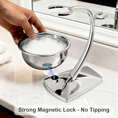 GRUTTI Shaving Bowl and Stand Set with Magnetic Base - 304 Steel Bowl & Chrome-Plated Alloy Stand, All-in-One Storage, Fits Most Razors & Brushes (Bowl & Stand Only)