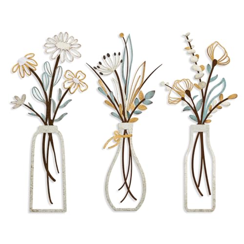 3 Pieces Metal Flowers Wall Art- Rustic Farmhouse... (3 Count | Beige Gold | Metal)