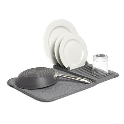 Umbra Udry Dish Drying Rack, Folding Dish Drainer Mat, Mini, Dark Grey | Absorbent microfiber base, removable tray, dishwasher safe, compact storage, BPA-free plastic