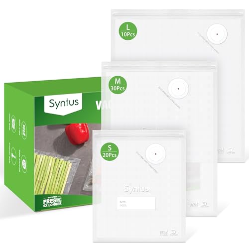 Syntus 60 Pcs Reusable Vacuum Sealer Bags for Food, S+M+L | 8x10+10x13.8+11.8x13.8, Upgraded Air Valve, Microwave Freezer Sous Vide, Food Storage, Leak-Proof, for Compact Vacuum Sealer