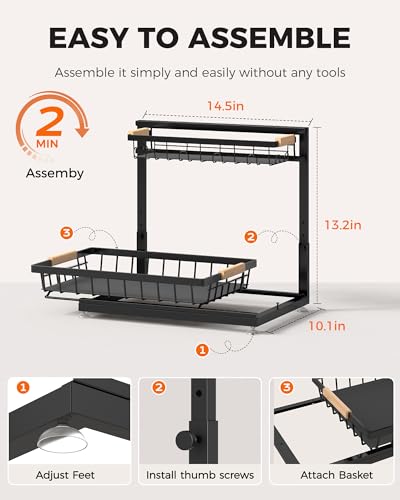 3-Pack 2-Tier Height Adjustable Under Sink Organizer, Black | Multi-purpose metal storage shelf with sliding shelves for kitchen, bathroom, pantry & laundry cabinet