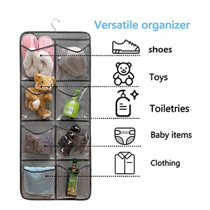 Dual-Sided Hanging Closet Organizer for Socks Underwear Bra Kids Storage Organizer for Baby Clothes Toddler Shoes with 26 Pockets (Grey-Clear Pockets)