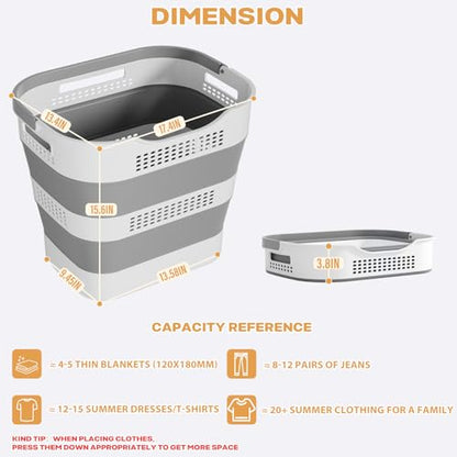 43L(11.5Gallon) Collapsible Plastic Laundry Basket (Grey,1 Pack) | Foldable Laundry Basket with Handle,Pop Up Tall Storage Container/Organizer/Clothes Hamper for Laundry
