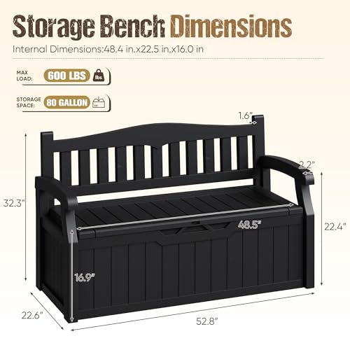 80-Gallon Outdoor Storage Bench for Patio, Garden, Pool, Black | Waterproof Deck Box with Lockable Lid & Armrests