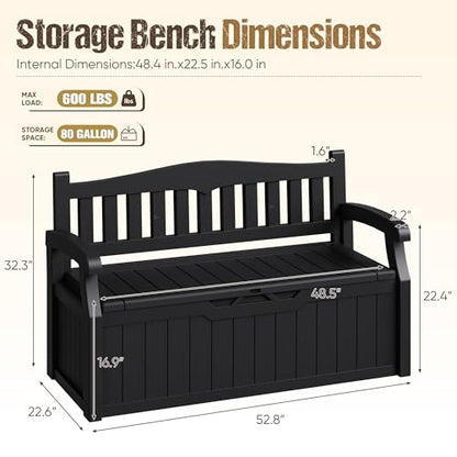 80-Gallon Outdoor Storage Bench for Patio, Garden, Pool, Black | Waterproof Deck Box with Lockable Lid & Armrests