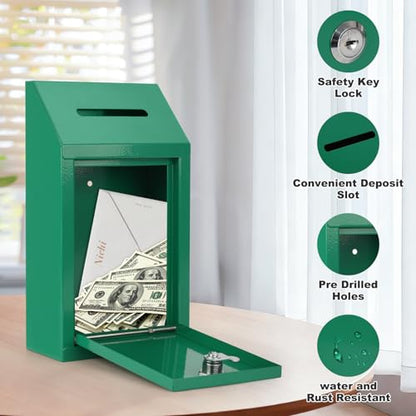 KYODOLED Cash Box for Farm Stand, Money Drop Box with Lock & Slot, Green | Wall mount, self-service payment drop, porch pickup, 2 keys, hardware included, 10.24 x 5.7 x 2.95 in