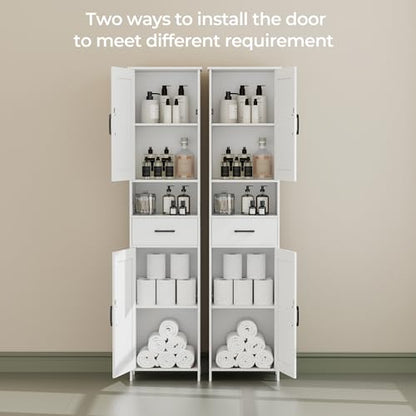 67" H Tall Bathroom Storage Cabinet with Barn Doors and Drawer | Narrow Storage Unit with Adjustable Shelves, Floor Cabinet for Bathroom, Living Room, Entryway or Kitchen, White, 15.7" W