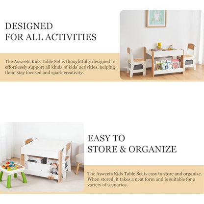Asweets Kids Table and Chair Set,4 in 1 Toddler Desk with Storage Drawer,Wooden Activity Table for 2 in 1 Detachable Tabletop,Bookshelf,Suitable for Classroom,Home,Nursery,Playroom (Natural White)