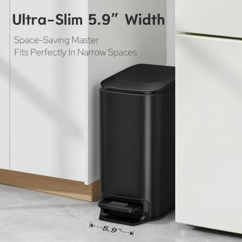 TIPGO Slim Bathroom Trash Can with Lid Soft Close, Step Pedal, 6 Liter / 1.6 Gallon Stainless Steel Garbage Can with Removable Inner Bucket, Anti-Fingerprint Finish (Matte Black)