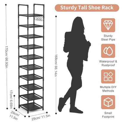 Tall Narrow Shoe Rack for Entryway, 10-Tier Sturdy Metal Shoe Shelf Storage 10-15 Pairs of Shoes and Boots, Space Saving Corner Shoe Rack Organizer for Closet,Doorway,Garage,Living Room