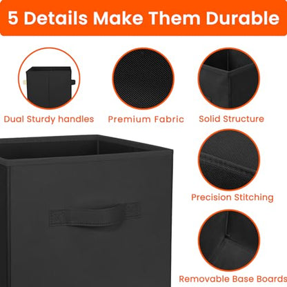 Storage Cubes, 11 Inch Clothes Storage Bins for Shelves Closet (10 Pack), Fabric Collapsible Storage Bins with Dual Handles, Cubby Storage Baskets for Magazines, Dorm Essentials (Black)