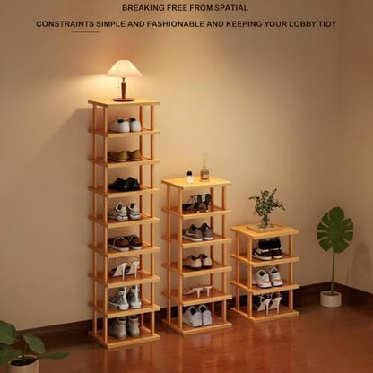 SAN HE Bamboo Shoe Rack 5Tier- Vertical Shoe Rack for Small Spaces, Tall Narrow Shoe Rack Organizer for Closet Entryway Corner Garage and Bedroom,Skinny Shoe Shelf with Free Stackable DIY