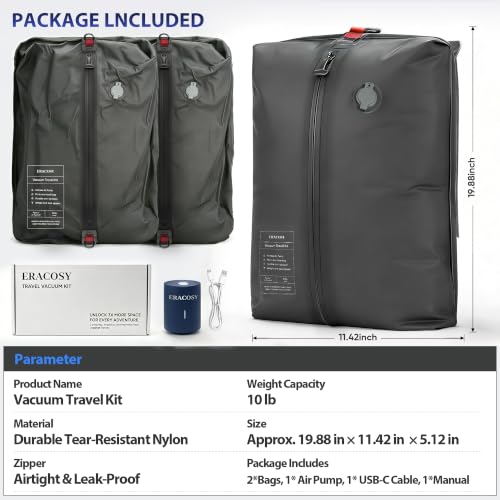 Travel Vacuum Bags with Pump, Compression Bags, Waterproof & Reusable Nylon Vacuum Travel Kit, Portable Space Saver Storage Bags with Wireless Vacuum Pump for Carry-On Backpack & Suitcase, 2 Pack