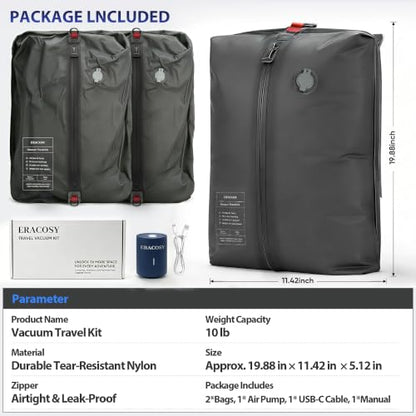 Travel Vacuum Bags with Pump, Compression Bags, Waterproof & Reusable Nylon Vacuum Travel Kit, Portable Space Saver Storage Bags with Wireless Vacuum Pump for Carry-On Backpack & Suitcase, 2 Pack