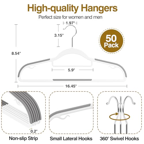 Plastic Hangers 50 Pack, 16.5" Non-Slip Clothes Hangers Heavy Duty | with 360° Swivel Hook, 0.2" Slim Space-Saving Organizers for Coats, Pants, Suits, Shirts, White & Dark Gray