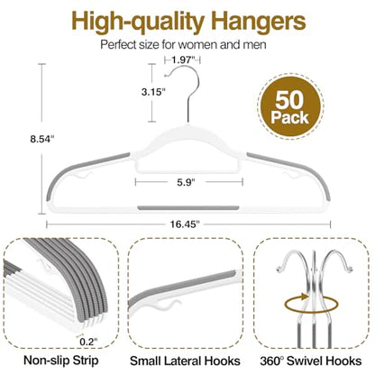 Plastic Hangers 50 Pack, 16.5" Non-Slip Clothes Hangers Heavy Duty | with 360° Swivel Hook, 0.2" Slim Space-Saving Organizers for Coats, Pants, Suits, Shirts, White & Dark Gray