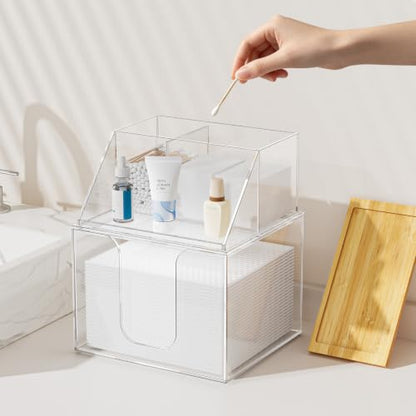 Acrylic Disposable Face Towel Holder, Clean Container for Skin Club, Clear | Bathroom Facial Towels Box for XL Clean Skin Club, Face Towels Wipes Cotton Pads Q-tip Holder for Bathroom, Bamoo Lid