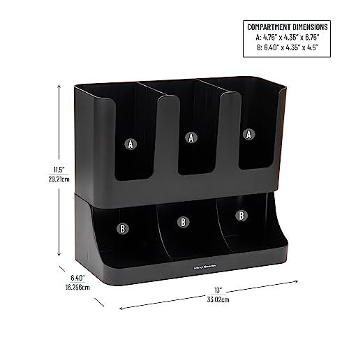 Mind Reader Condiment Station, 13 Inch Countertop Coffee Bar Organizer with 6 Compartments, Storage Caddy for Cups, Lids and Packets, Plastic, Black