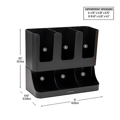 Mind Reader Condiment Station, 13 Inch Countertop Coffee Bar Organizer with 6 Compartments, Storage Caddy for Cups, Lids and Packets, Plastic, Black