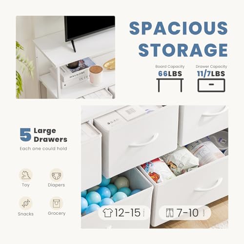 DUMOS TV Stand Dresser, Media Console, Storage Drawers | 5 Fabric Open Shelf, Compact Entertainment Unit for Bedroom, Living Space, Dorm Organization, White