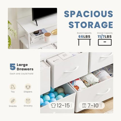 DUMOS TV Stand Dresser, Media Console, Storage Drawers | 5 Fabric Open Shelf, Compact Entertainment Unit for Bedroom, Living Space, Dorm Organization, White