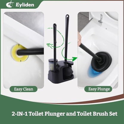 Eyliden Toilet Brush and Plunger Set, Disposable Wand Kit with 10 Refills | Pre-Soaked Concentrated Cleaner Sponge, Touch-Free, 2-in-1 Compact Holder, Powerful Suction Cup, Bathroom Cleaning System