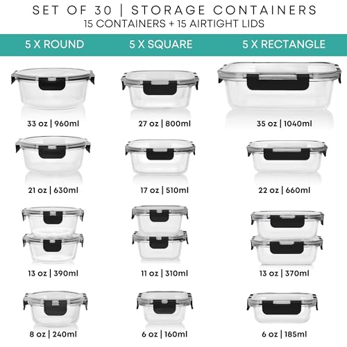 Razab 30 PC Glass Food Storage Containers with Lids - Reusable Glass Meal Prep Containers for Lunch and Leftovers - Airtight & Leakproof Snap Locking Lids - Oven, Freezer, Microwave, Dishwasher Safe