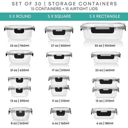 Razab 30 PC Glass Food Storage Containers with Lids - Reusable Glass Meal Prep Containers for Lunch and Leftovers - Airtight & Leakproof Snap Locking Lids - Oven, Freezer, Microwave, Dishwasher Safe