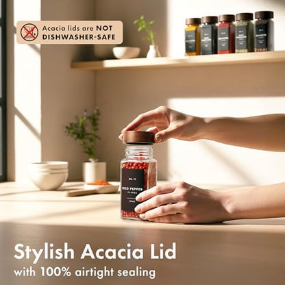 Glass Spice Jars with Label, 24x Acacia Wooden Lids - Black Labels