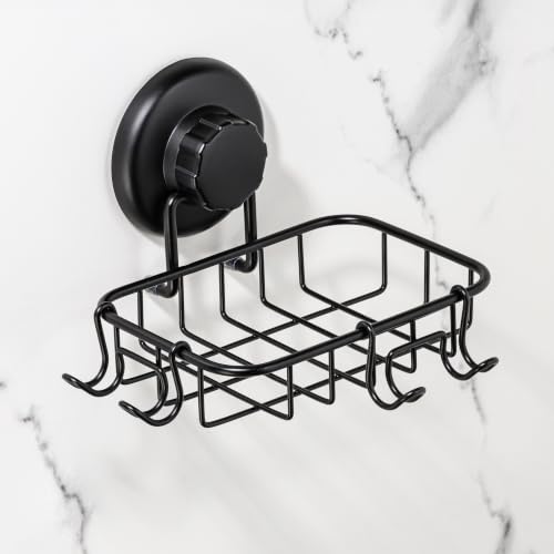 HASKO 2 Pack Suction Cup Soap Dish for Shower Wall, Rustproof Stainless Steel, Shower Soap Holder with Hooks, Includes Optional No Drill Adhesive Mount for Bathroom, 2 Soap Savers, Black