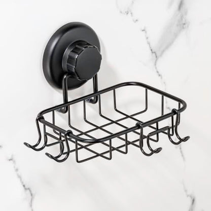 HASKO 2 Pack Suction Cup Soap Dish for Shower Wall, Rustproof Stainless Steel, Shower Soap Holder with Hooks, Includes Optional No Drill Adhesive Mount for Bathroom, 2 Soap Savers, Black
