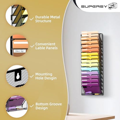 16-Tier Hanging Wall File Holder Organizer for Papers, Folders, Files Clipboard & Magazine Organization Great for Office Home, Assembly Needed, Black | Paper, Folder, Magazine Rack Great for Office Home School, Assembly Needed, Black
