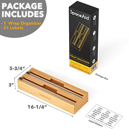 SpaceAid 2 in 1 Long Wrap Dispenser (Need 3" Deep Drawer) with Cutter, Plastic Wrap, Aluminum Foil Dispenser for Kitchen Drawer, Bamboo Roll Organizer Holder, Compatible with 15" Roll