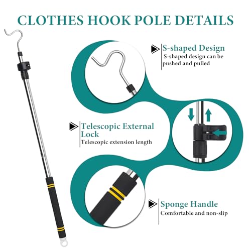 Clothes Hanger Reaching Hook Telescopic Adjustment clothes hook pole Light and can Extend from 37" to 65" with 4.7 "Hook and Sponge Handle.