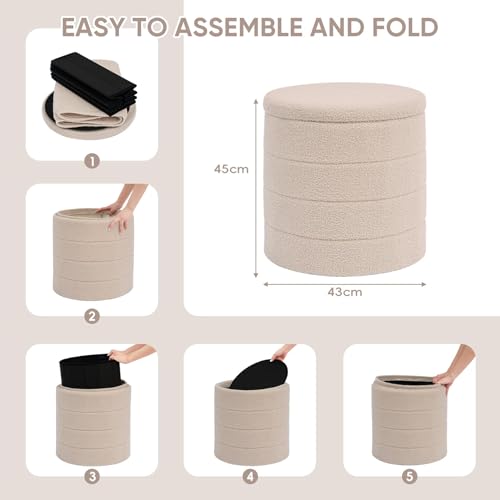 Round Storage Ottoman Foot Rest Stool with Tray Velvet Sherpa Folding Storage Ottoman,Boucle Foot Rest for Living Room, Bedroom, Dorm,Beige Color