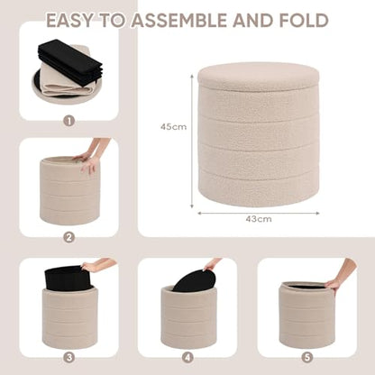 Round Storage Ottoman Foot Rest Stool with Tray Velvet Sherpa Folding Storage Ottoman,Boucle Foot Rest for Living Room, Bedroom, Dorm,Beige Color