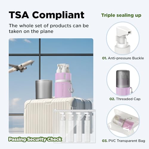 4 in 1 Travel Dispenser Bottle, Travel Bottles for Toiletries, Pink | 4 × 55ml Leak Proof Travel Bottles with Suction Cups