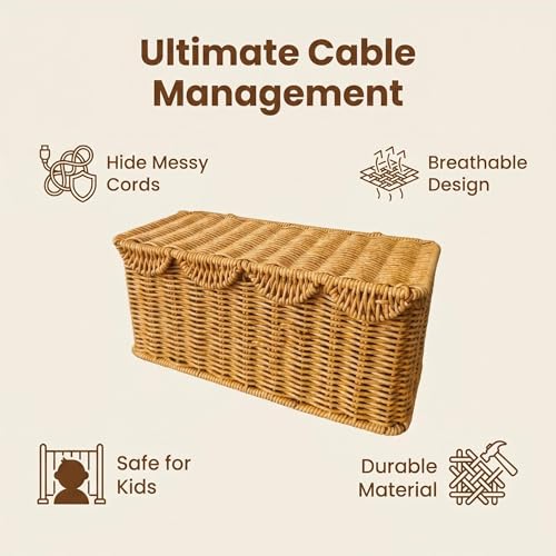 Cable Management Box, Scalloped Faux Rattan Cord Organizer Basket with Lid, Decorative Cord Hider Box with 2 Cable Slots for Power Strip, Small Router, USB Hub, Desk, TV Stand & Home Office, Natural